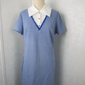 Vtg 1970's Dress Size 12 Blue Houndstooth Gingham Collared School Girl Summer